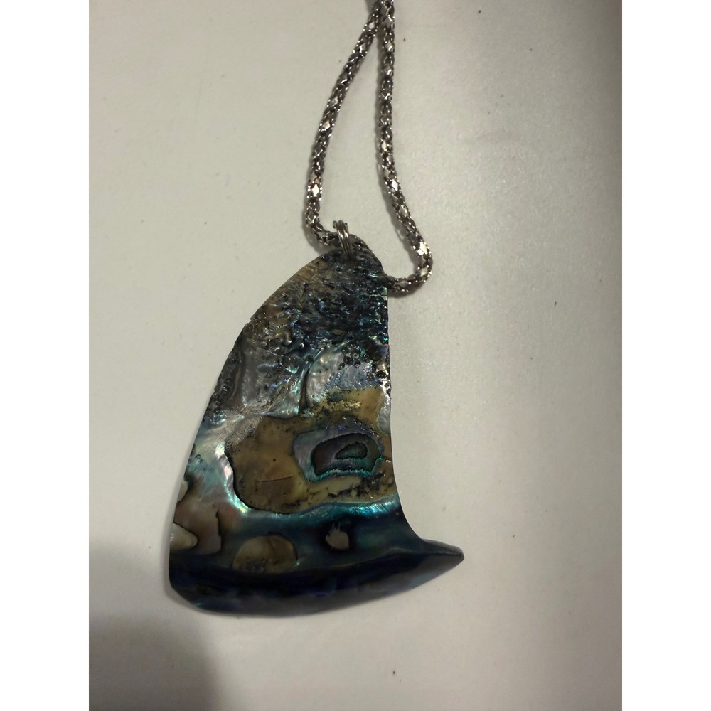 Abalone Shell Sail Pendant Necklace Iridescent Mother of Pearl Silver Tone Chain